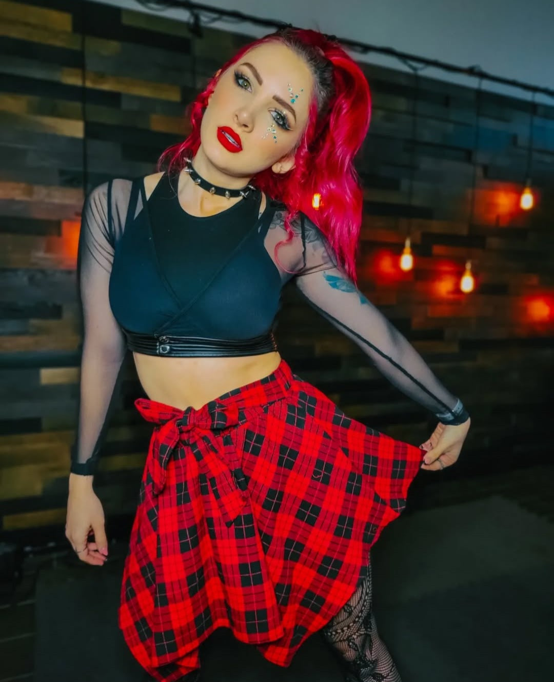 Red Plaid Skirt with Bow - S