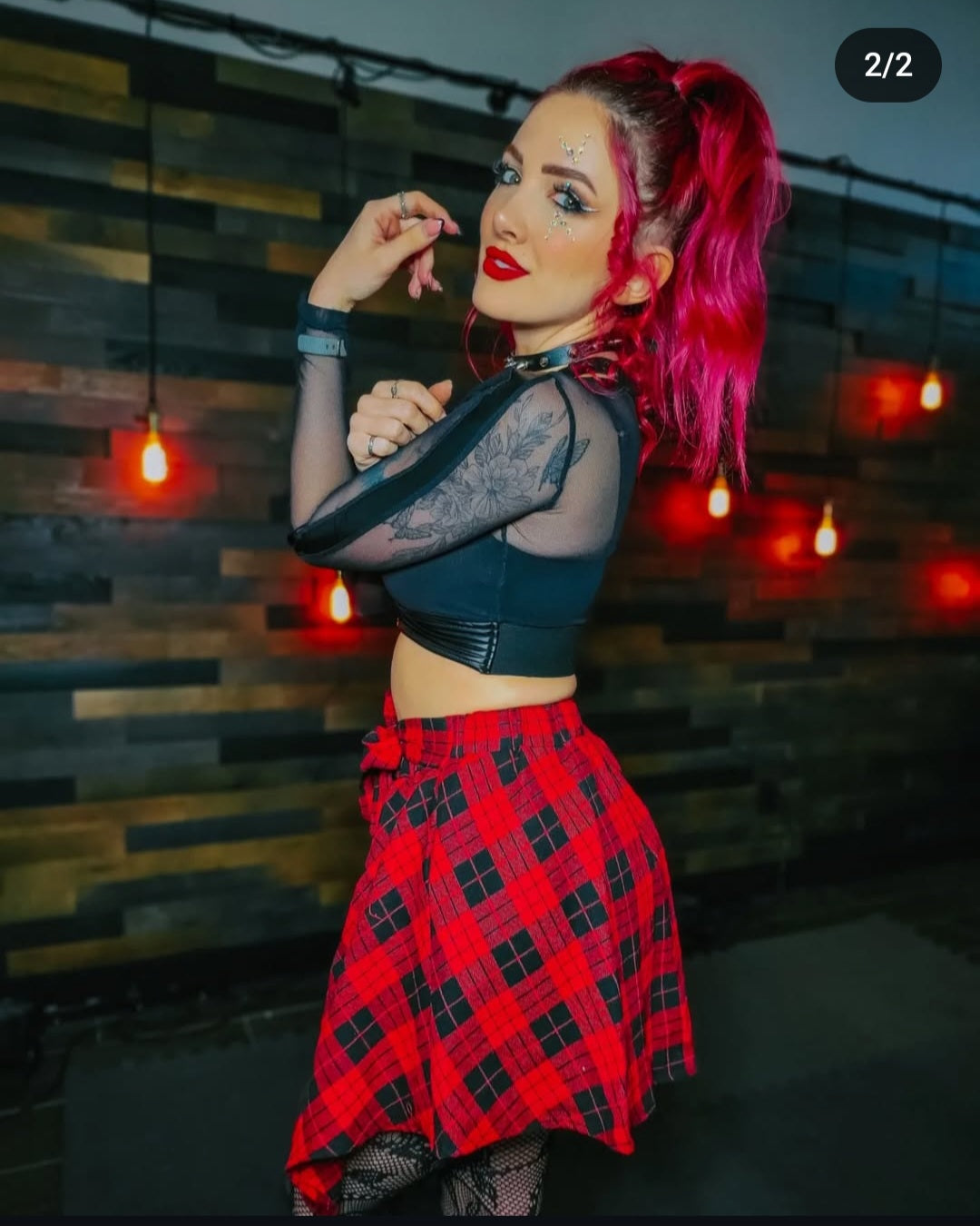 Red Plaid Skirt with Bow - S